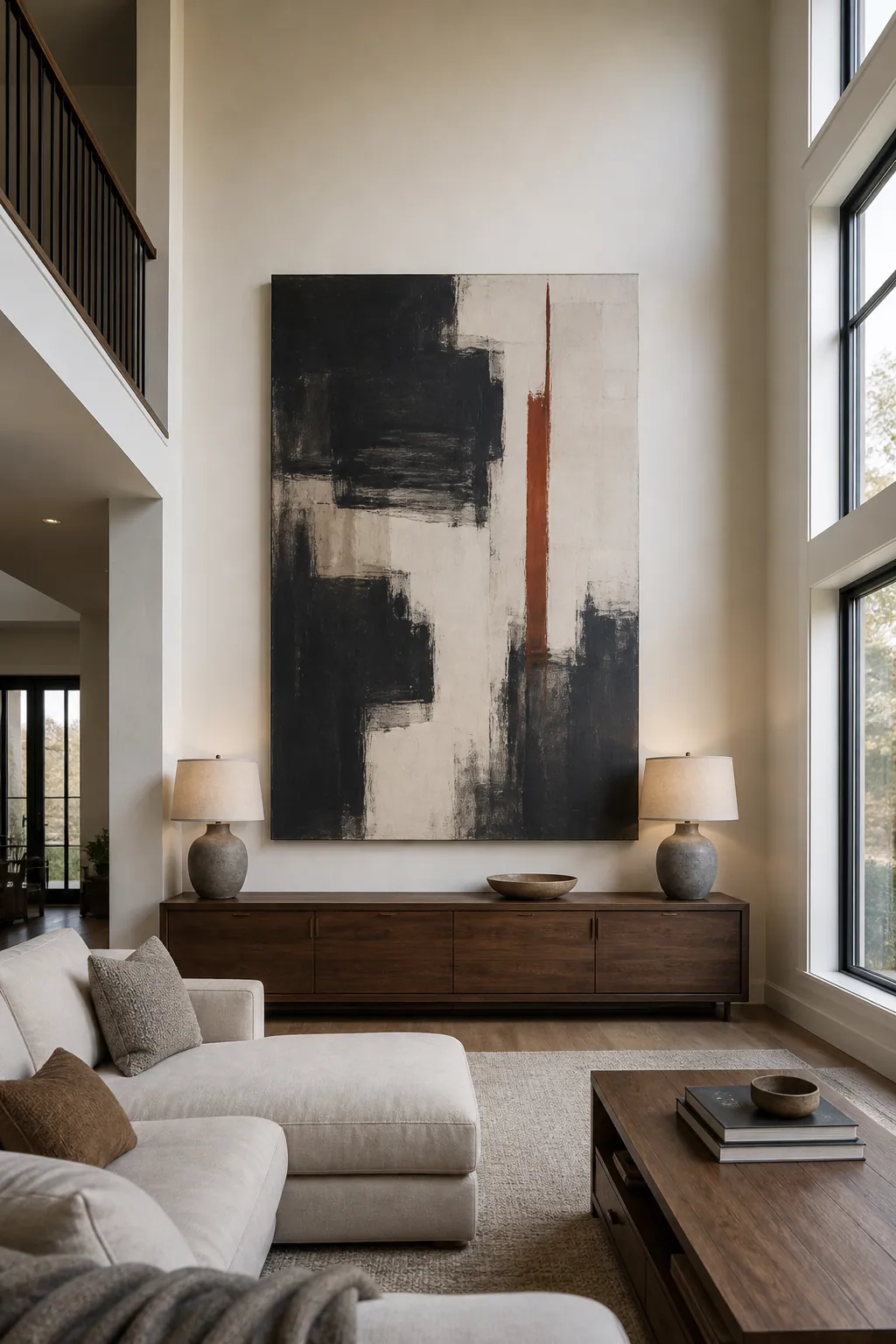 Oversized portrait-format abstract art anchored by a long console on a tall great room wall