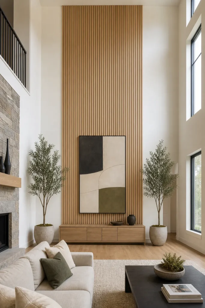 Twenty foot great room wall with oak slats, portrait art, and grounded console