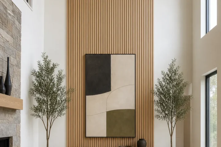Twenty foot great room wall with oak slats, portrait art, and grounded console