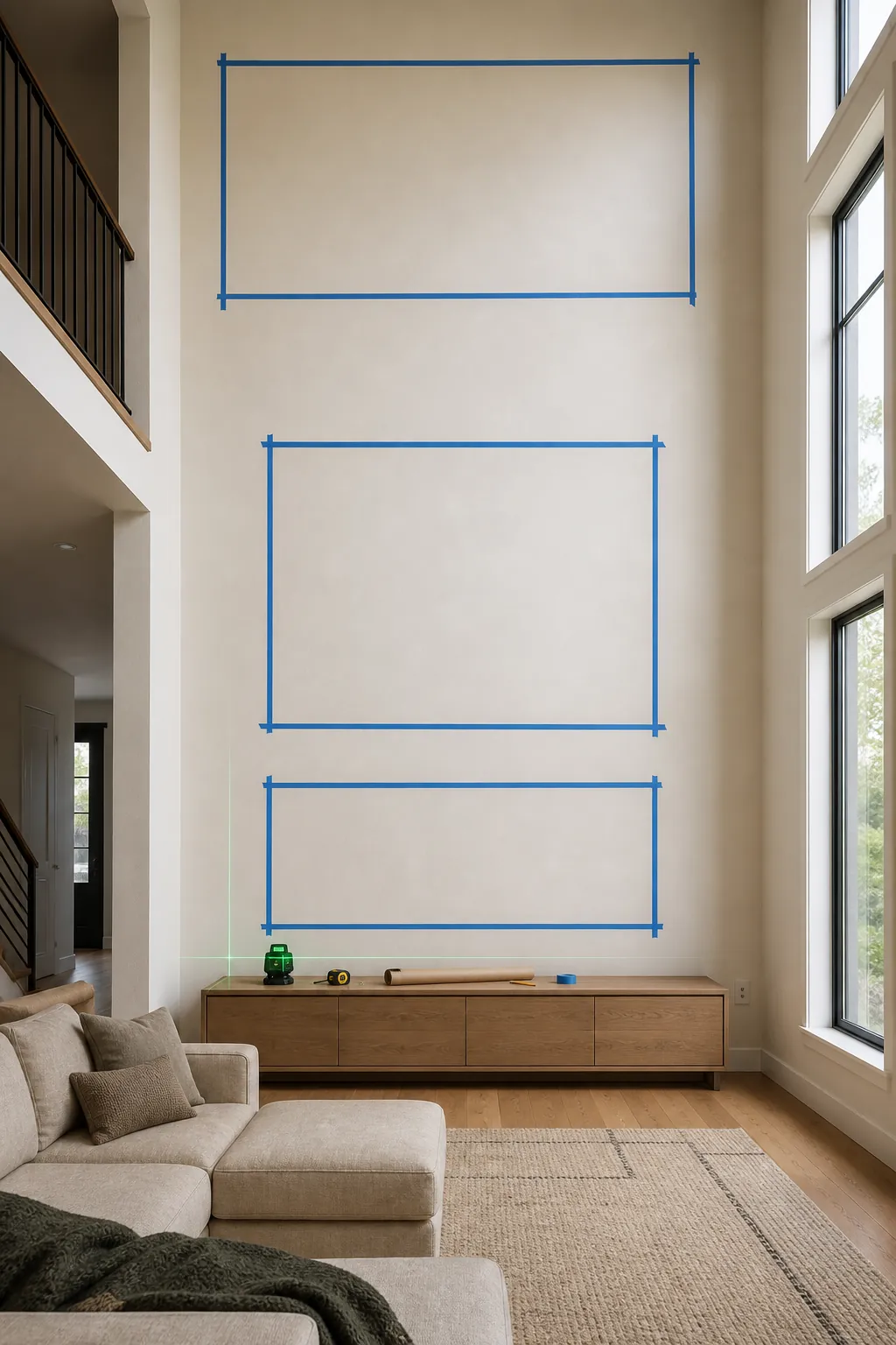 Painter tape zones on a twenty foot great room wall before decorating