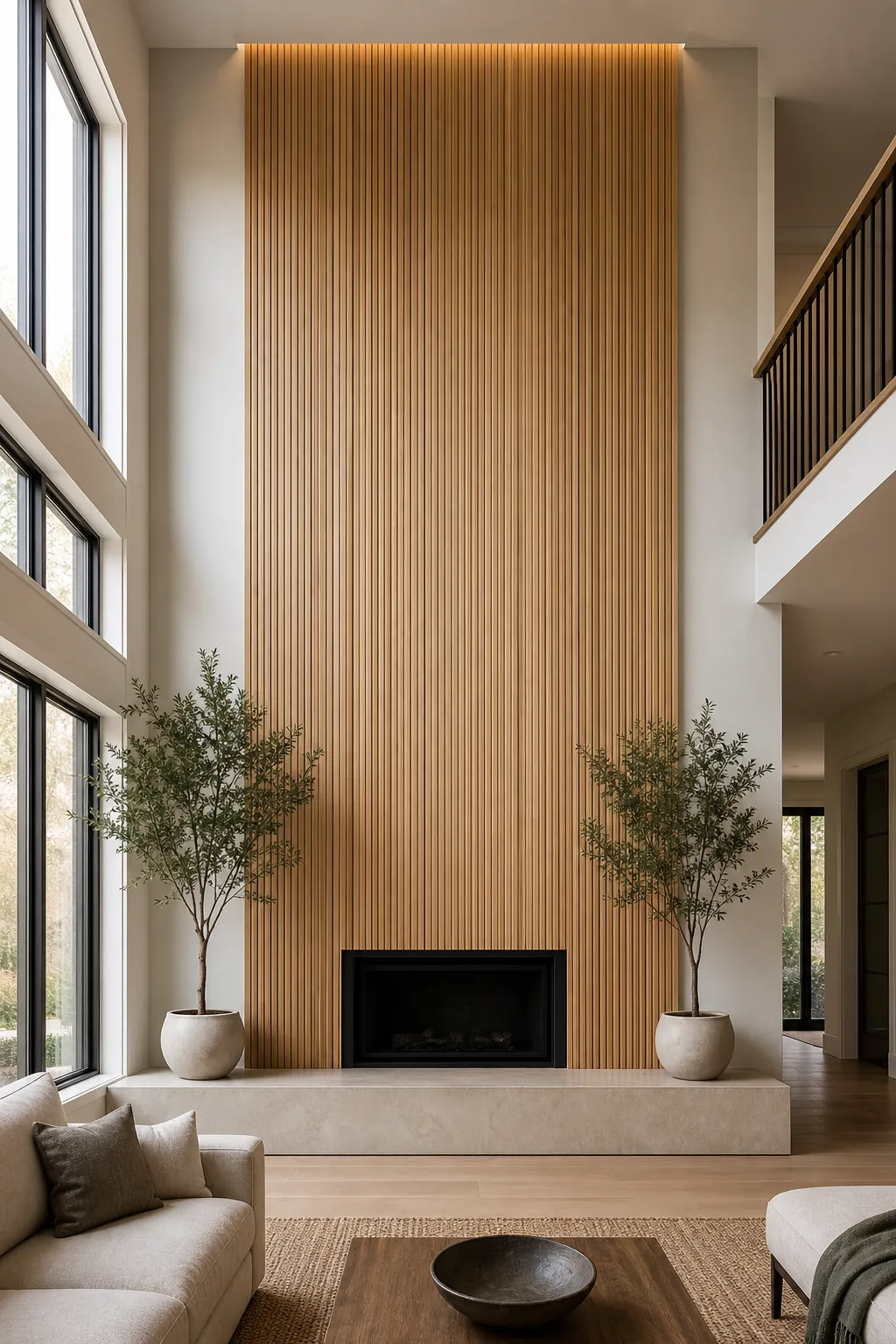 White oak slat feature wall rising behind a great room fireplace