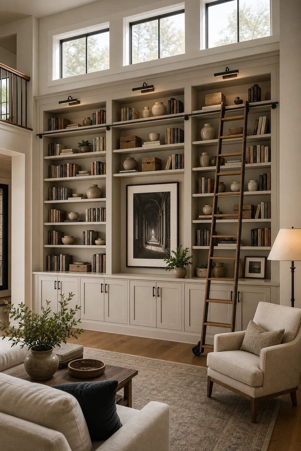 Tall built-in bookcase wall with ladder scaled for a twenty foot great room