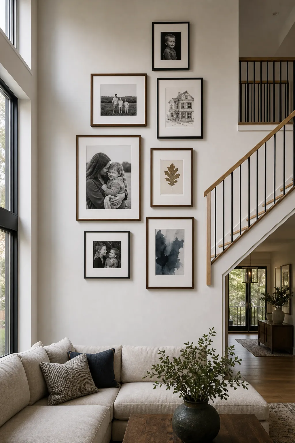 Edited two-story gallery wall beside a stair opening in a great room