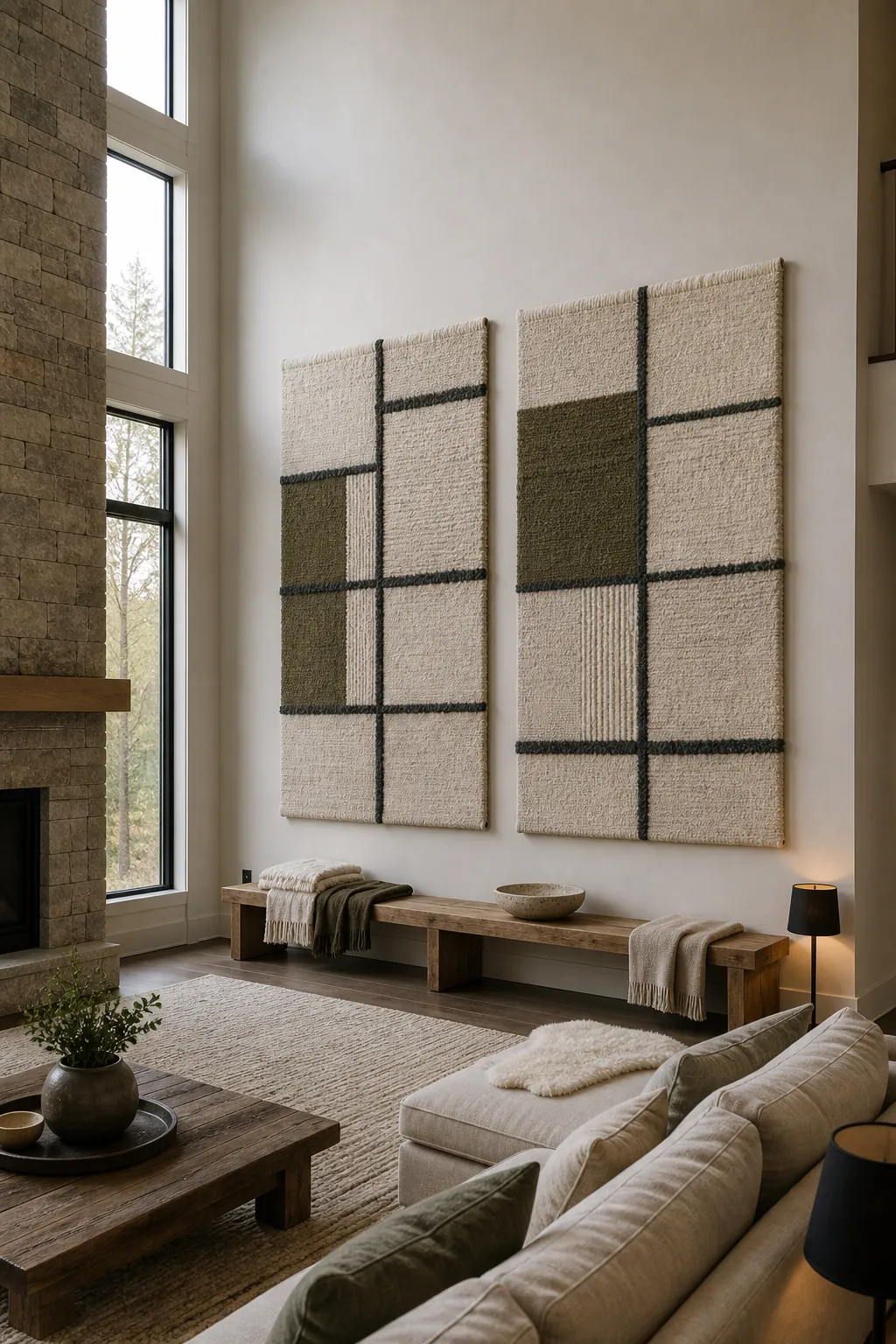 Large woven acoustic textile panels softening a high great room wall