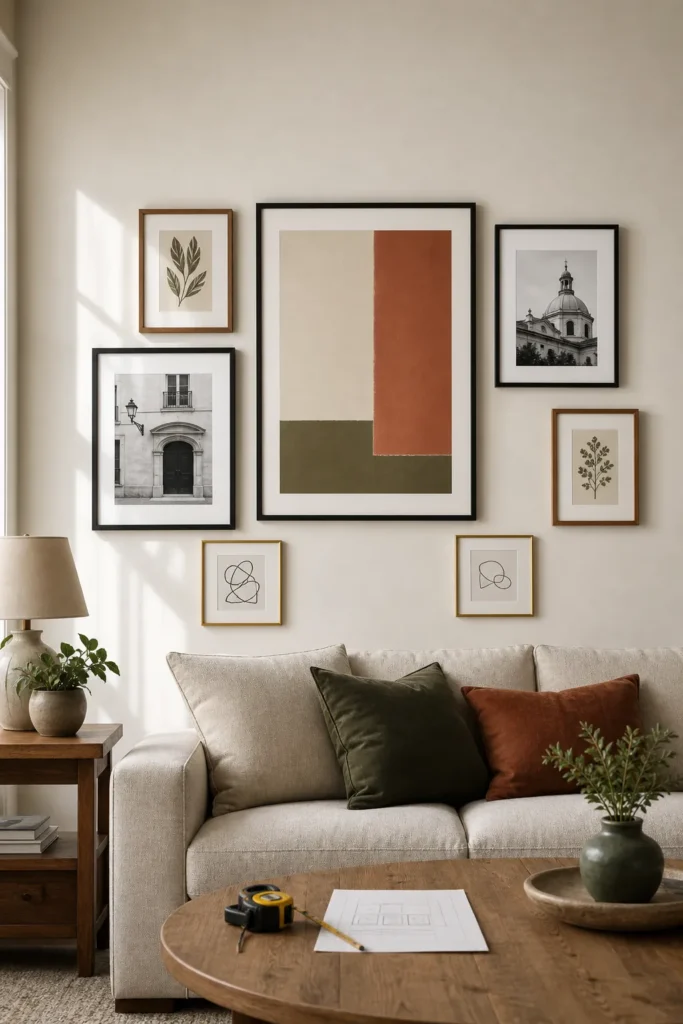 Beginner gallery wall layout with frame sizes and consistent spacing