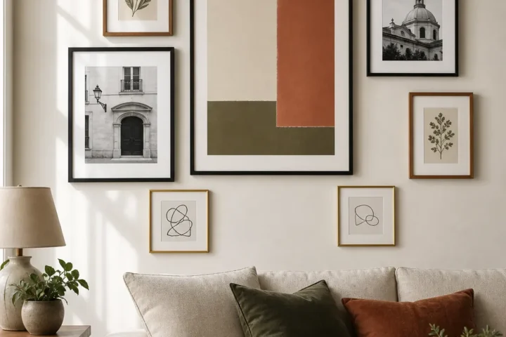 Beginner gallery wall layout with frame sizes and consistent spacing
