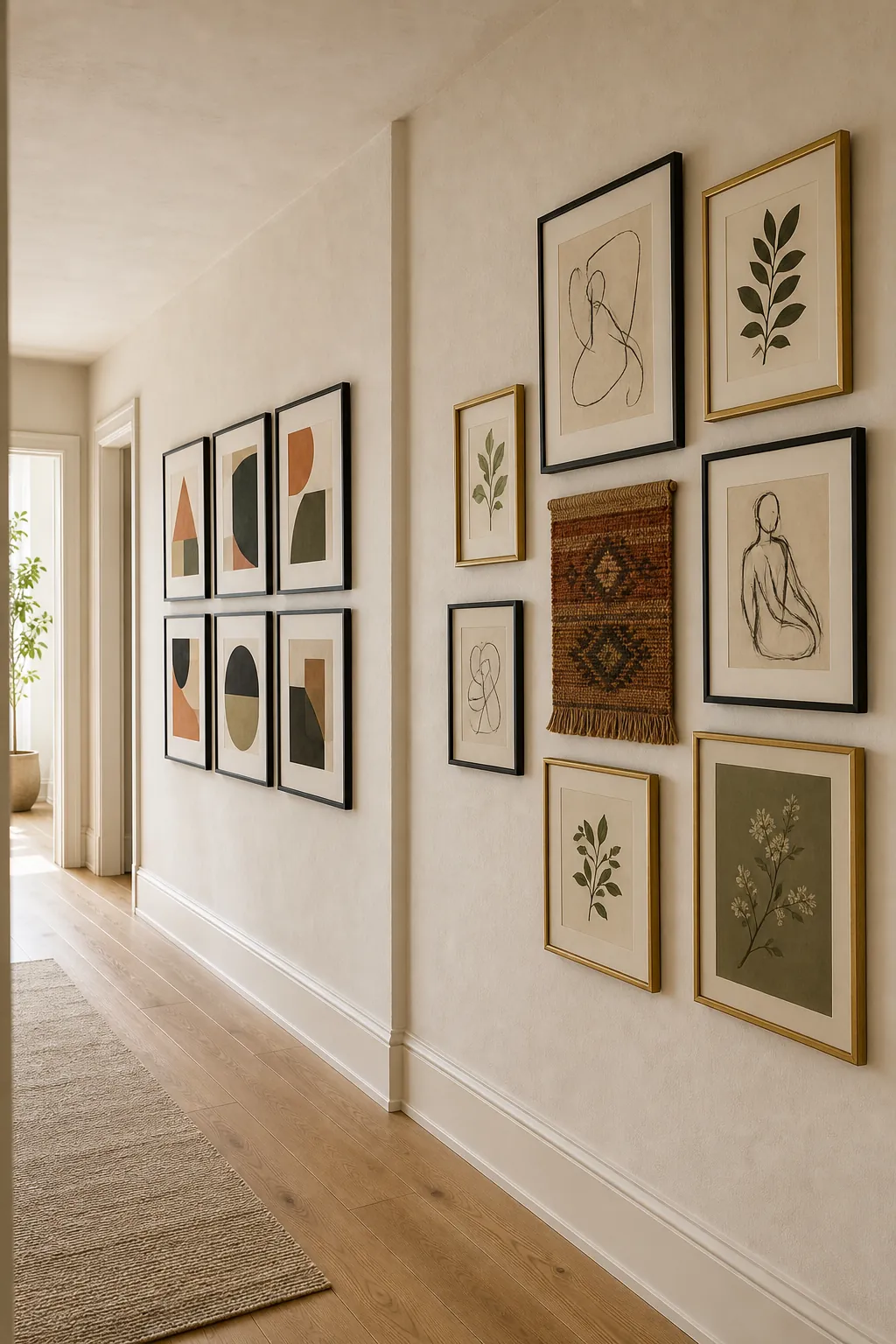Side by side gallery wall layout comparison with a loose grid and organic collected arrangement