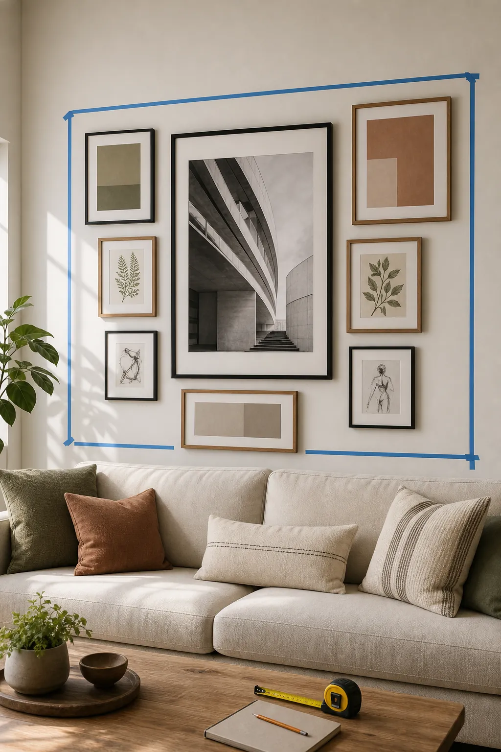 Beginner gallery wall layout above a sofa with a large anchor frame and smaller supporting frames