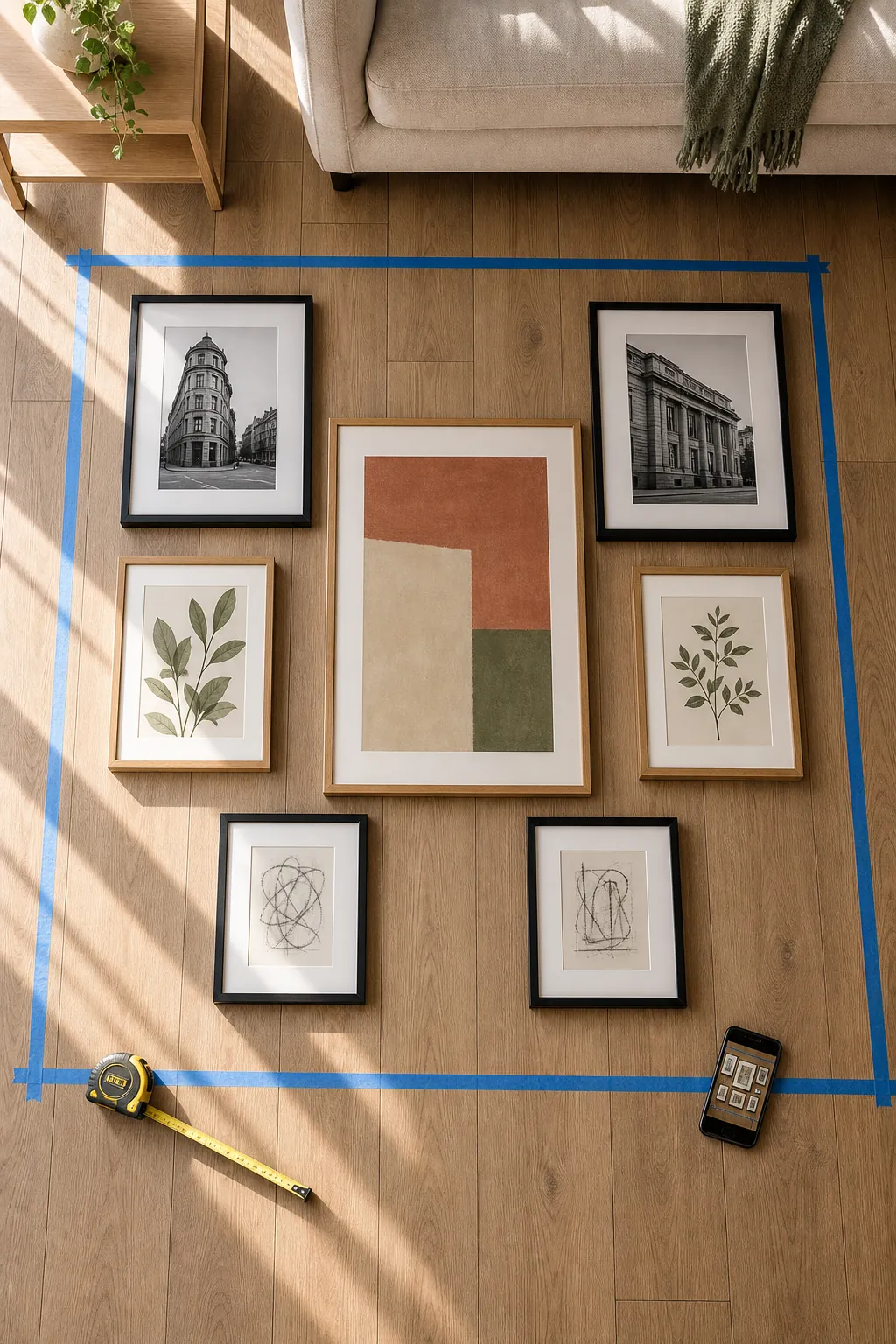 Frames arranged on the floor inside painter tape boundary before hanging a gallery wall