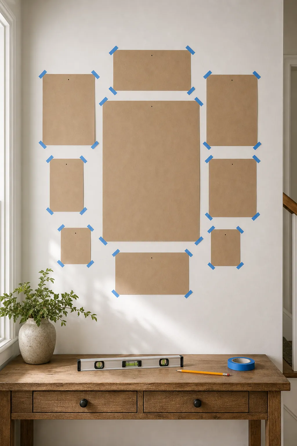 Paper gallery wall template taped to a wall with frame outlines and hanging marks
