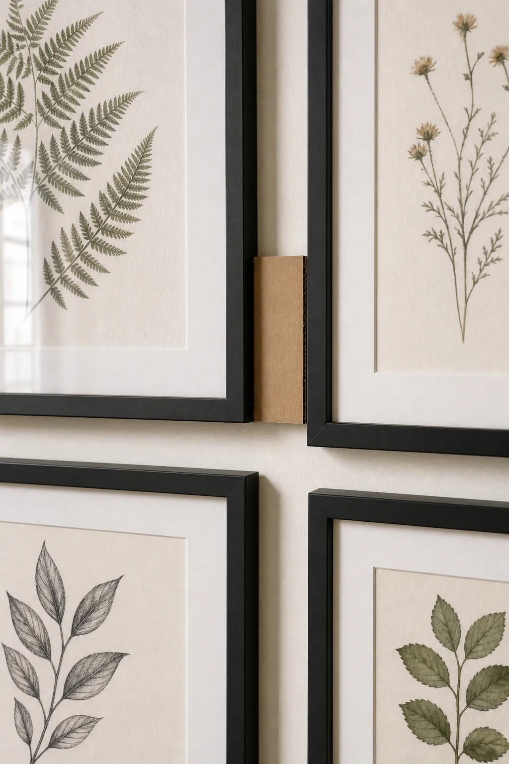 Close up of consistent gallery wall spacing between framed botanical prints