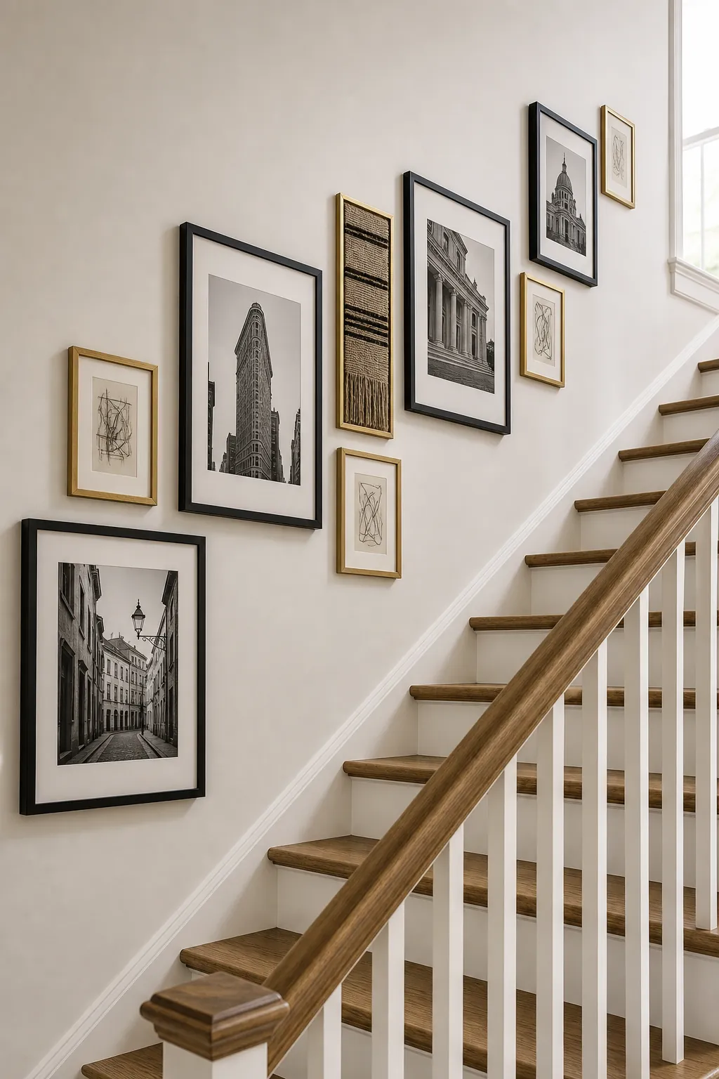 Stair hallway gallery wall layout following a rising center line with consistent frame spacing