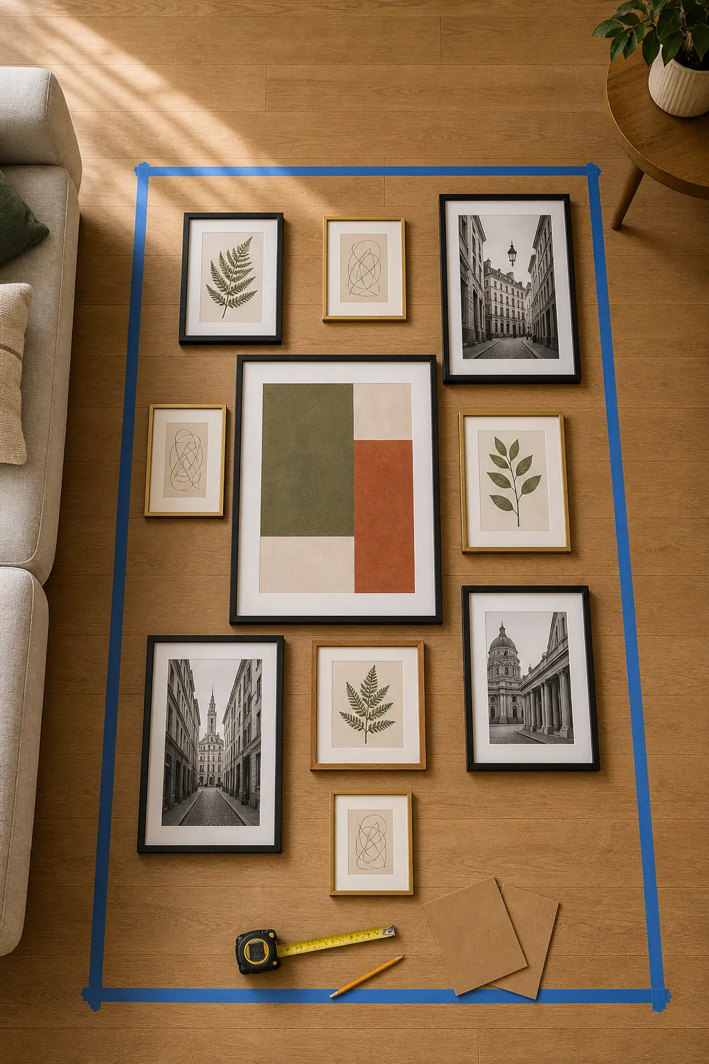Frames arranged on the floor inside a taped gallery wall planning boundary