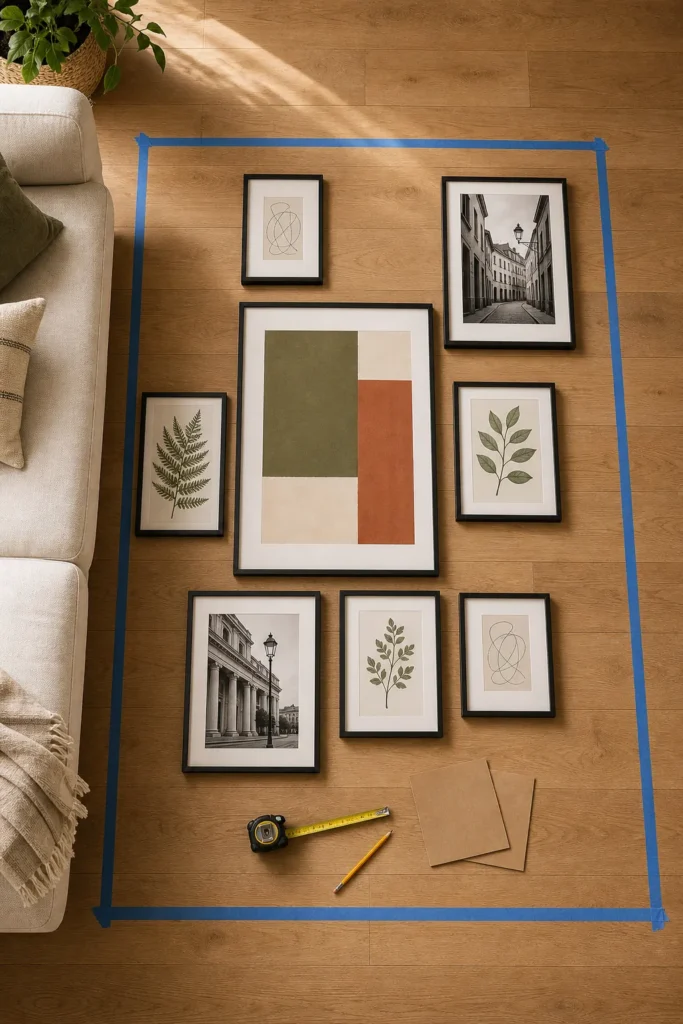 Gallery wall planned on the floor before hanging with frames and tape boundary