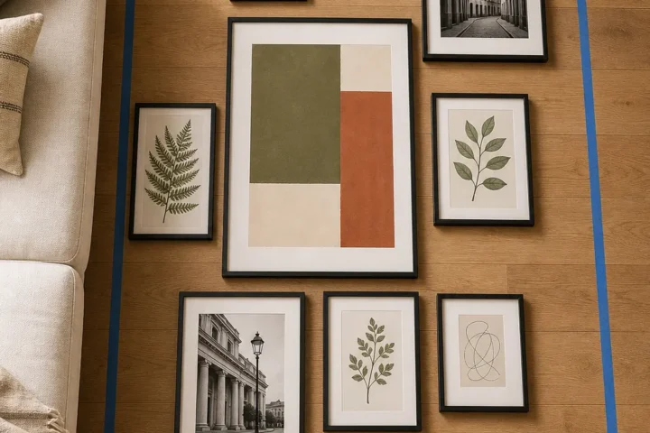 Gallery wall planned on the floor before hanging with frames and tape boundary