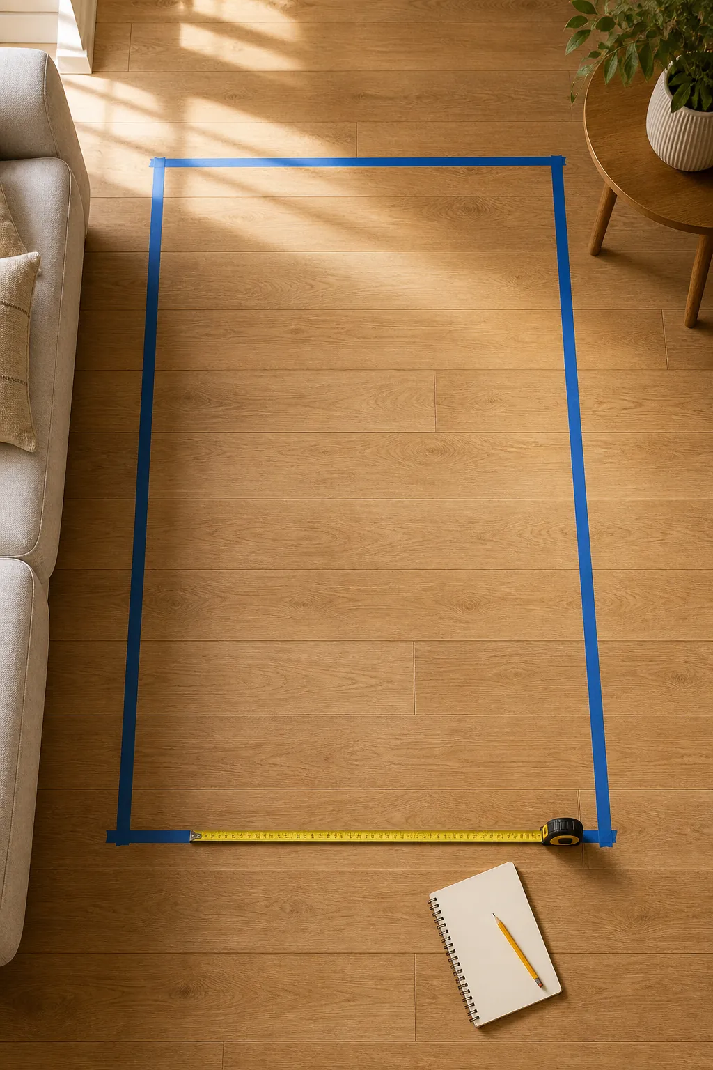 Painter tape boundary on the floor for planning a gallery wall at full scale