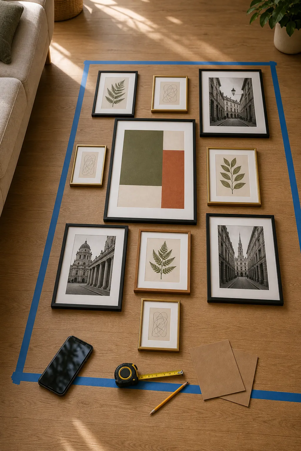 Phone photo check of a floor gallery wall arrangement before hanging