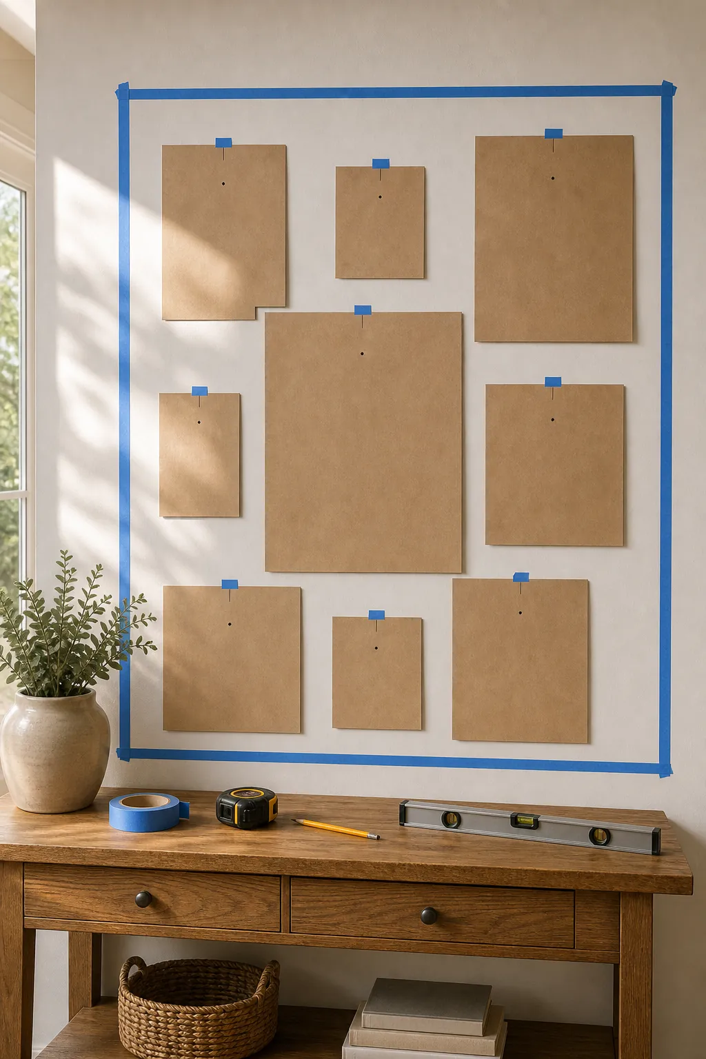 Paper template gallery wall transferred from floor plan to wall before hanging