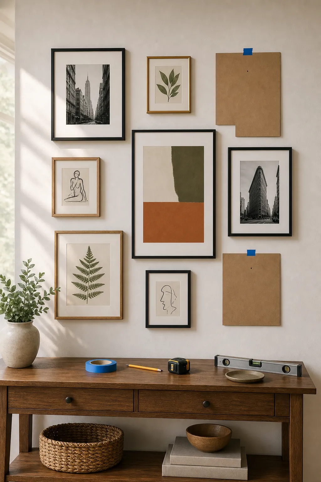 Finished gallery wall checked against remaining paper templates after floor planning