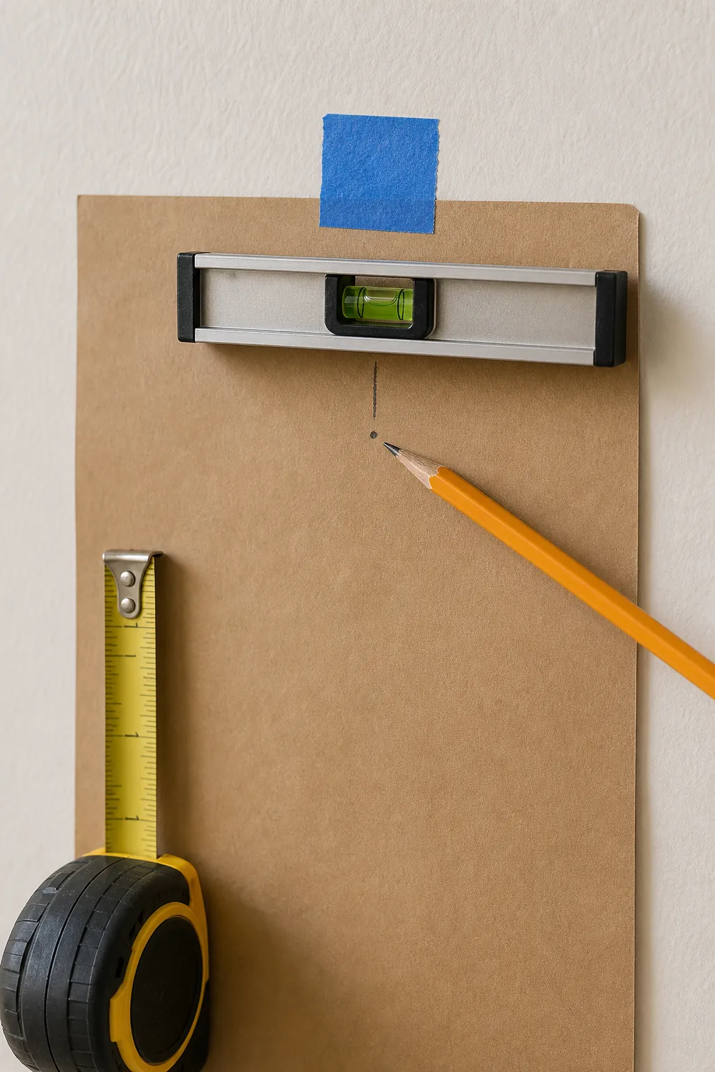 Marking a gallery wall hanging point on a paper template with a pencil and level