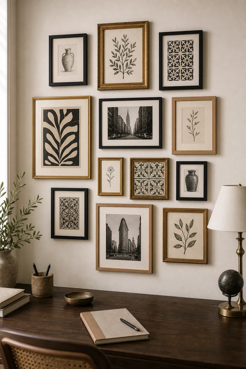 Mismatched frame gallery wall with consistent spacing and balanced grid lines
