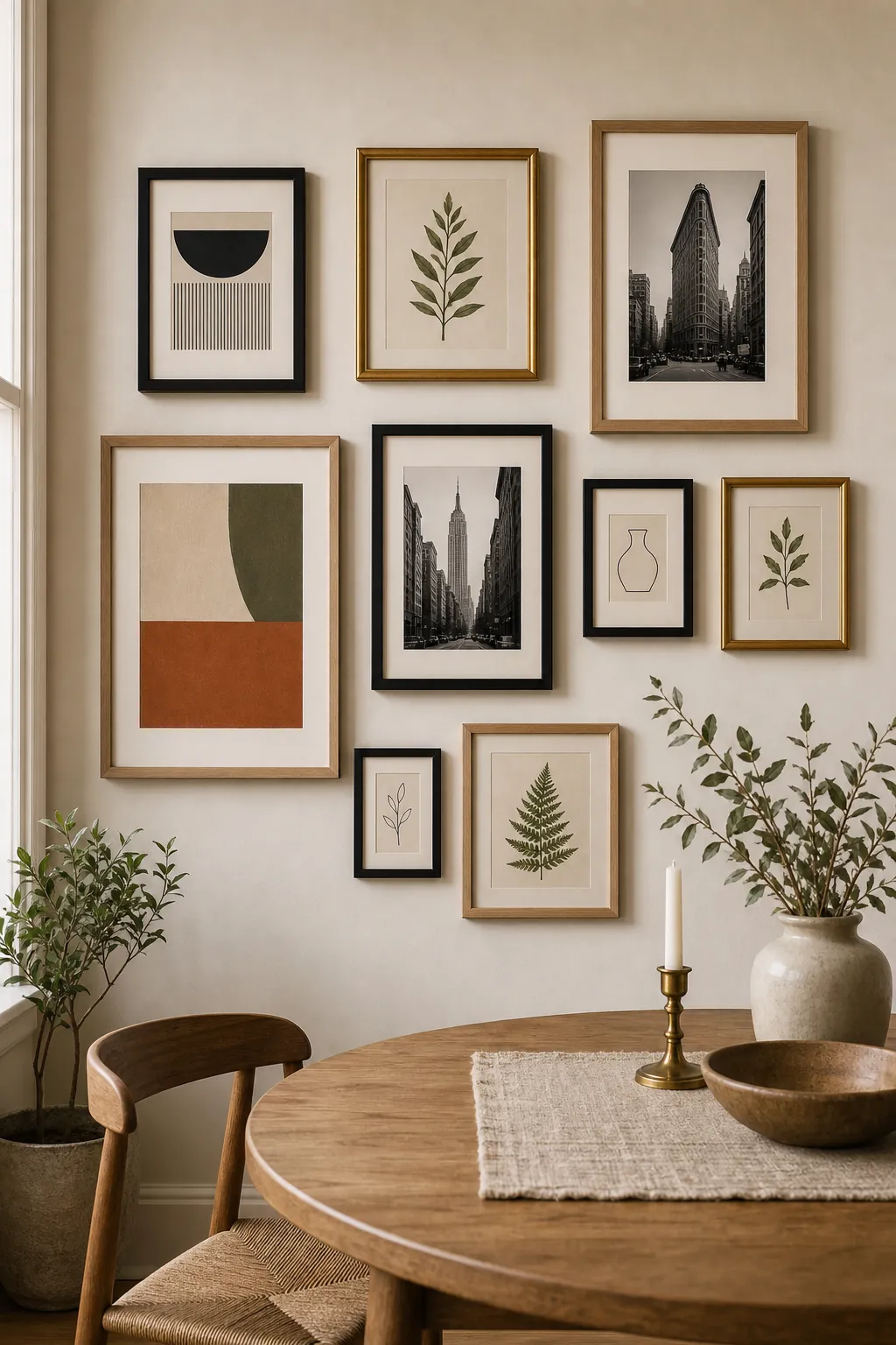 Mixed frame finishes repeated across a gallery wall for cohesive rhythm