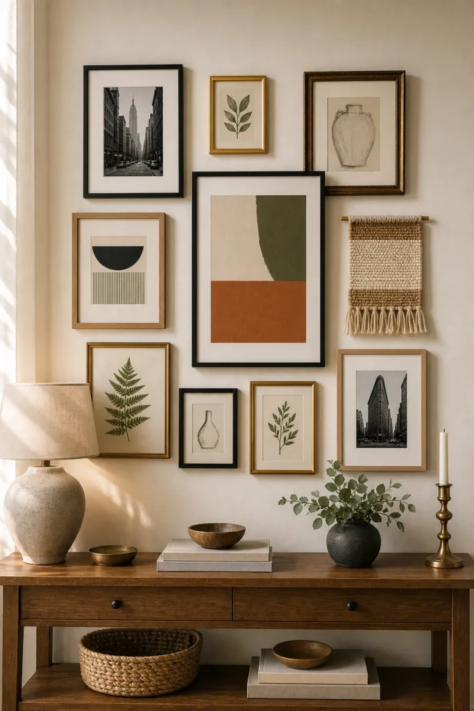 Mixed frame gallery wall with black brass oak and vintage frames arranged cohesively