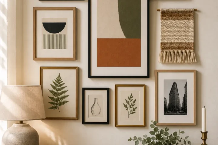 Mixed frame gallery wall with black brass oak and vintage frames arranged cohesively