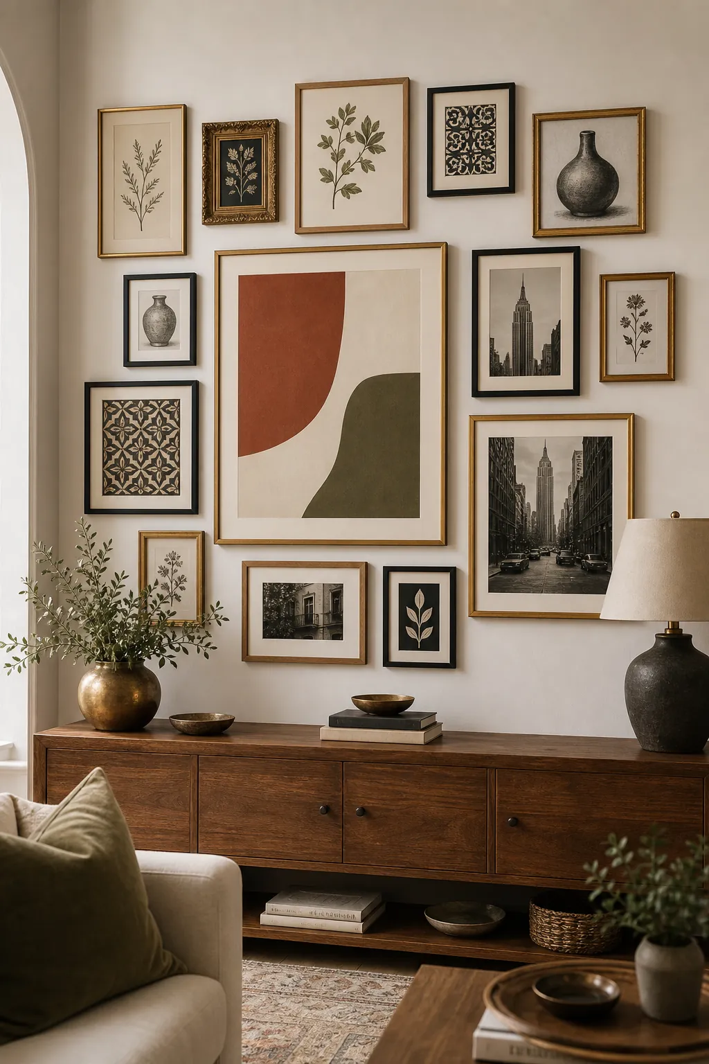 Finished eclectic gallery wall with mixed frames that still looks cohesive