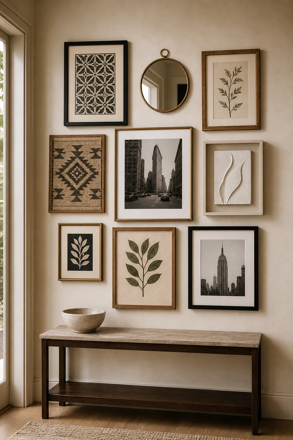 Mixed media gallery wall with woven textile mirror sculptural relief and framed prints