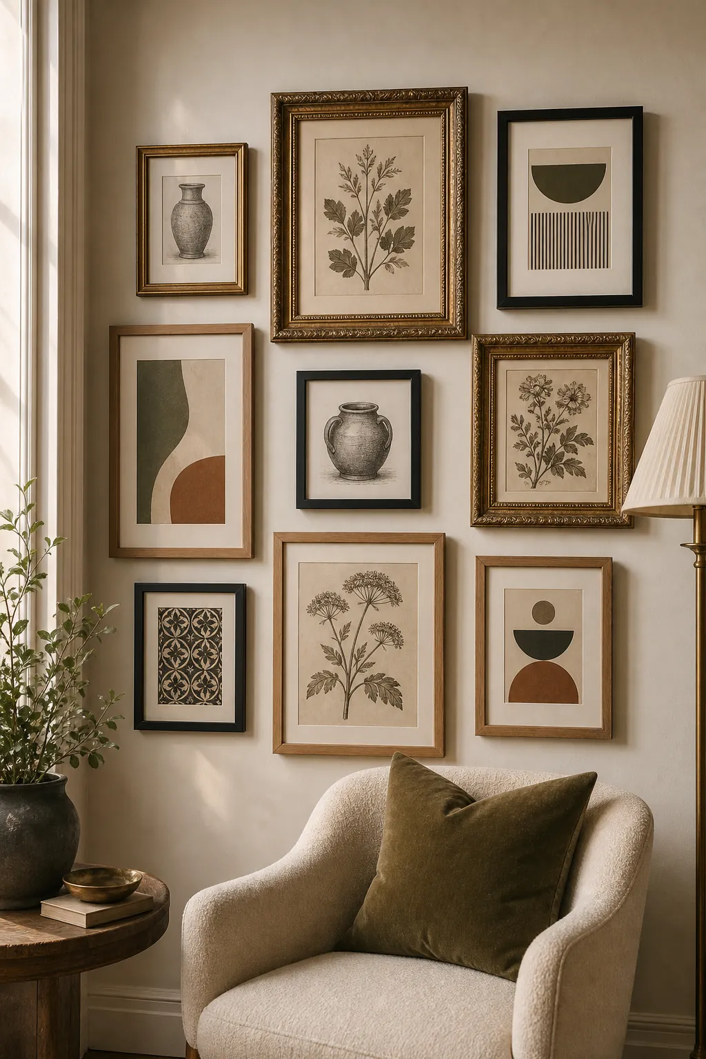 Vintage and modern frames balanced across a cohesive gallery wall