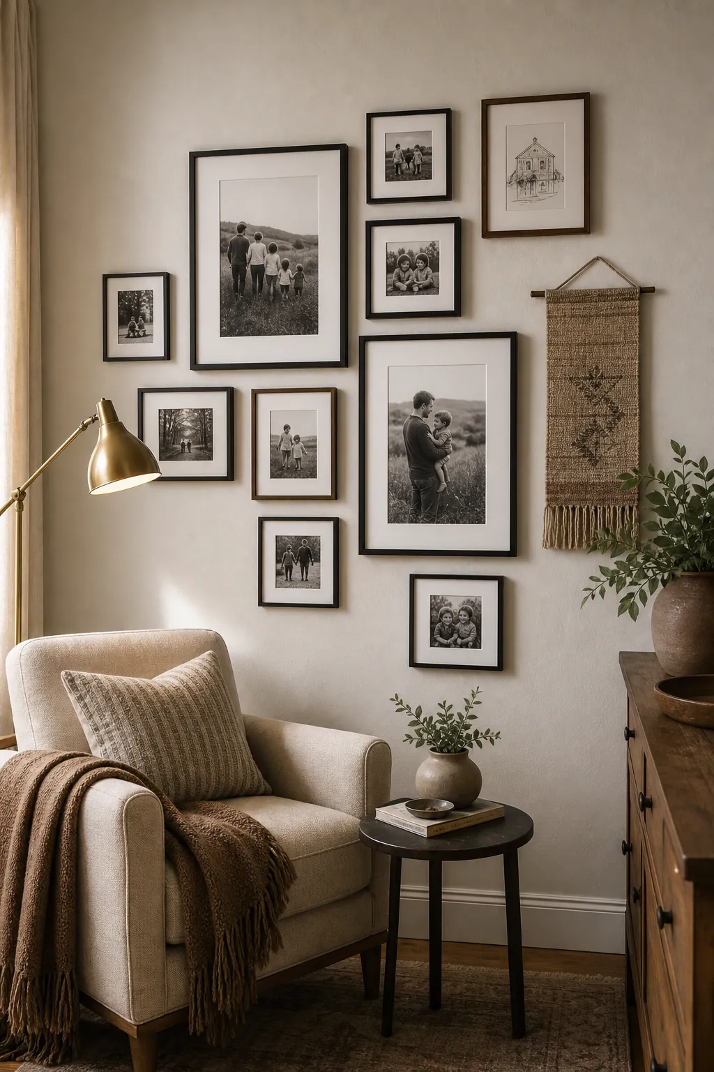 Asymmetrical family gallery wall with two larger anchor photos and smaller frames balanced around them
