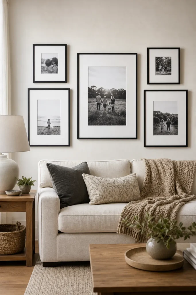 Modern family photo gallery wall with black and white photos, wide mats, and slim frames in a calm living room