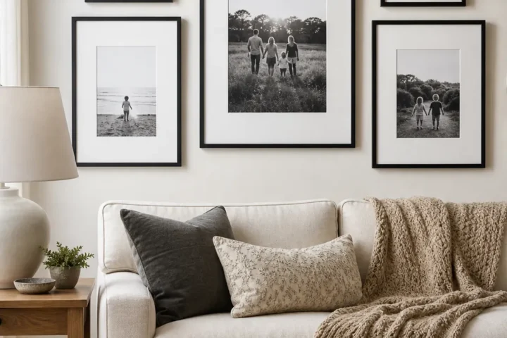 Modern family photo gallery wall with black and white photos, wide mats, and slim frames in a calm living room