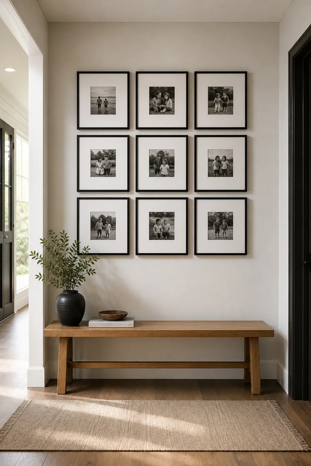 Symmetrical black and white family photo grid wall with matching mats and frames in a modern hallway