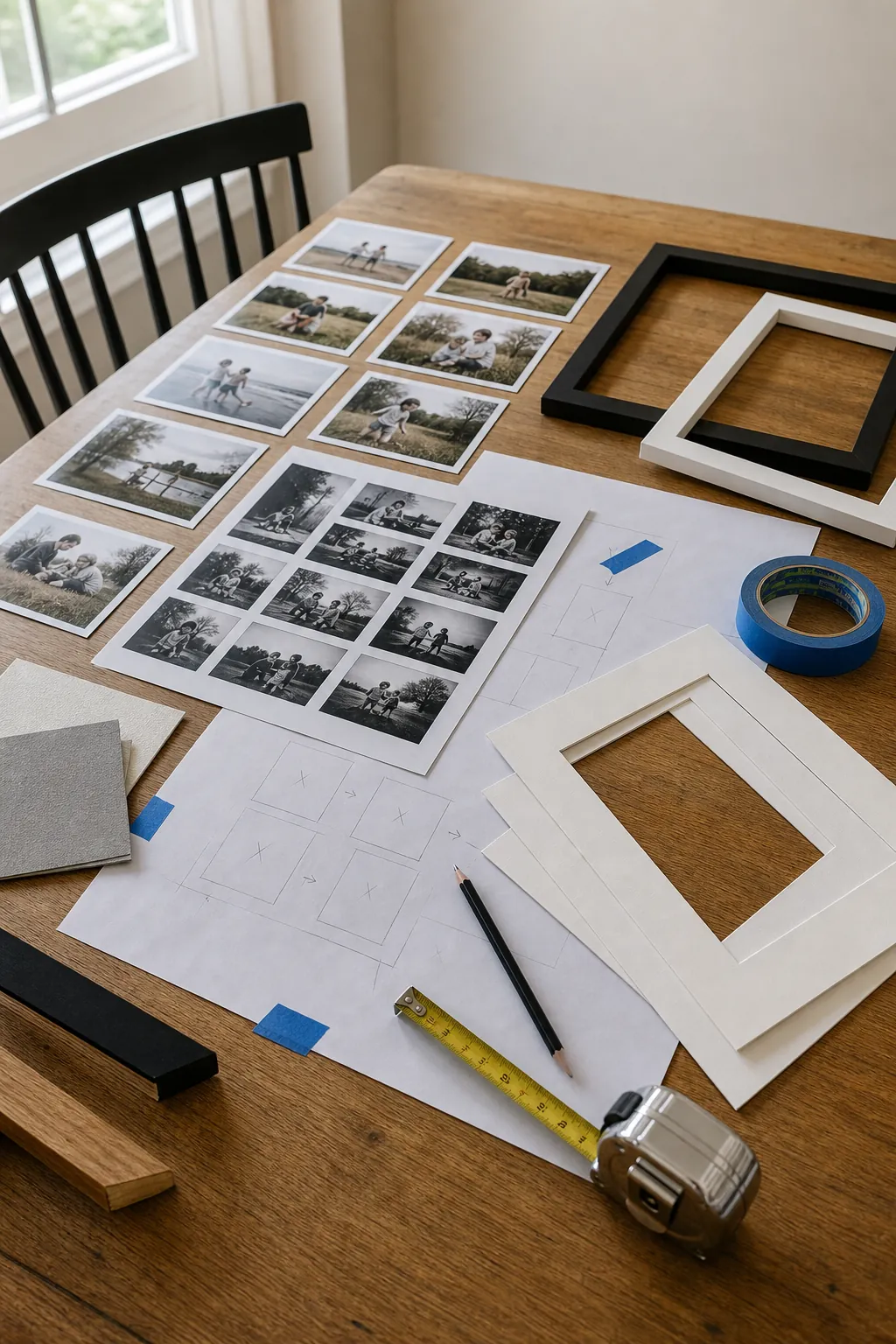 Dining table with selected family photo prints, frame samples, mats, and measuring tape for planning a cohesive gallery wall