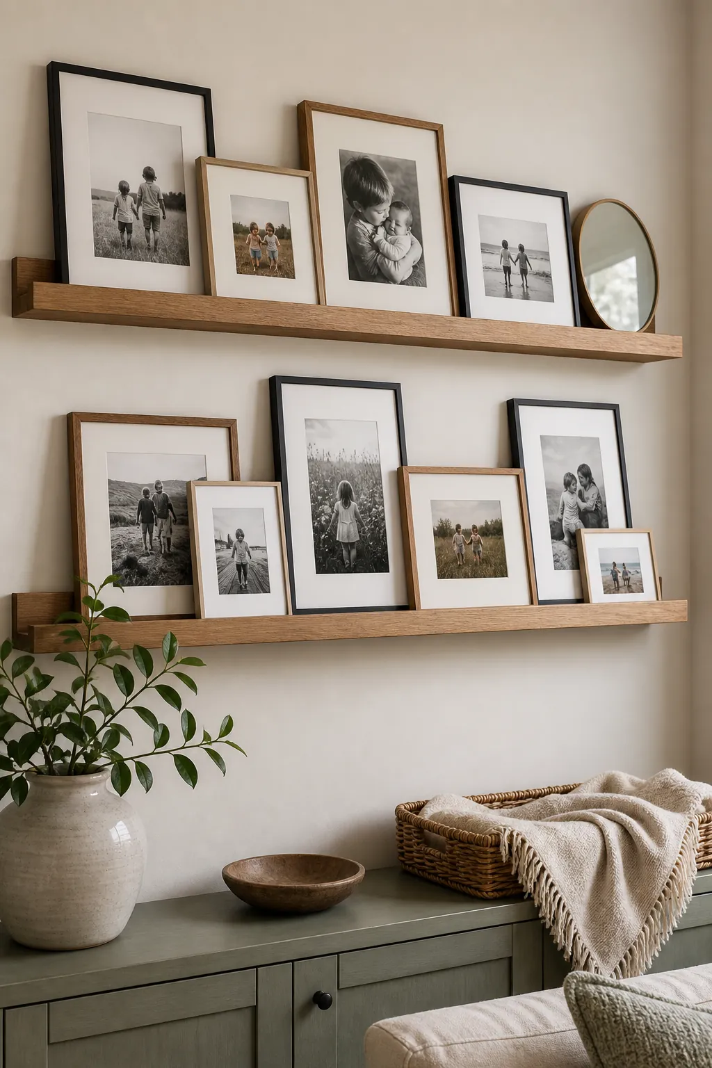Layered picture ledges with family photos in mixed frame sizes for an easy-to-update photo wall