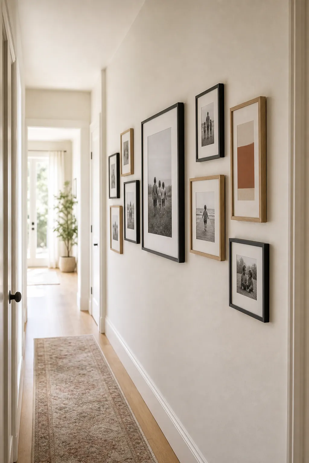 Hallway family picture wall hung at eye level with balanced spacing and a clean modern frame mix