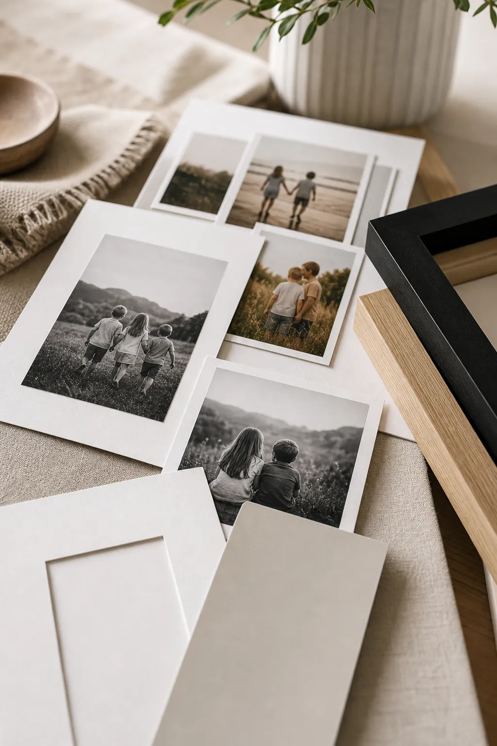 Close view of family photo prints and frame finishes showing a tight black white and warm wood palette