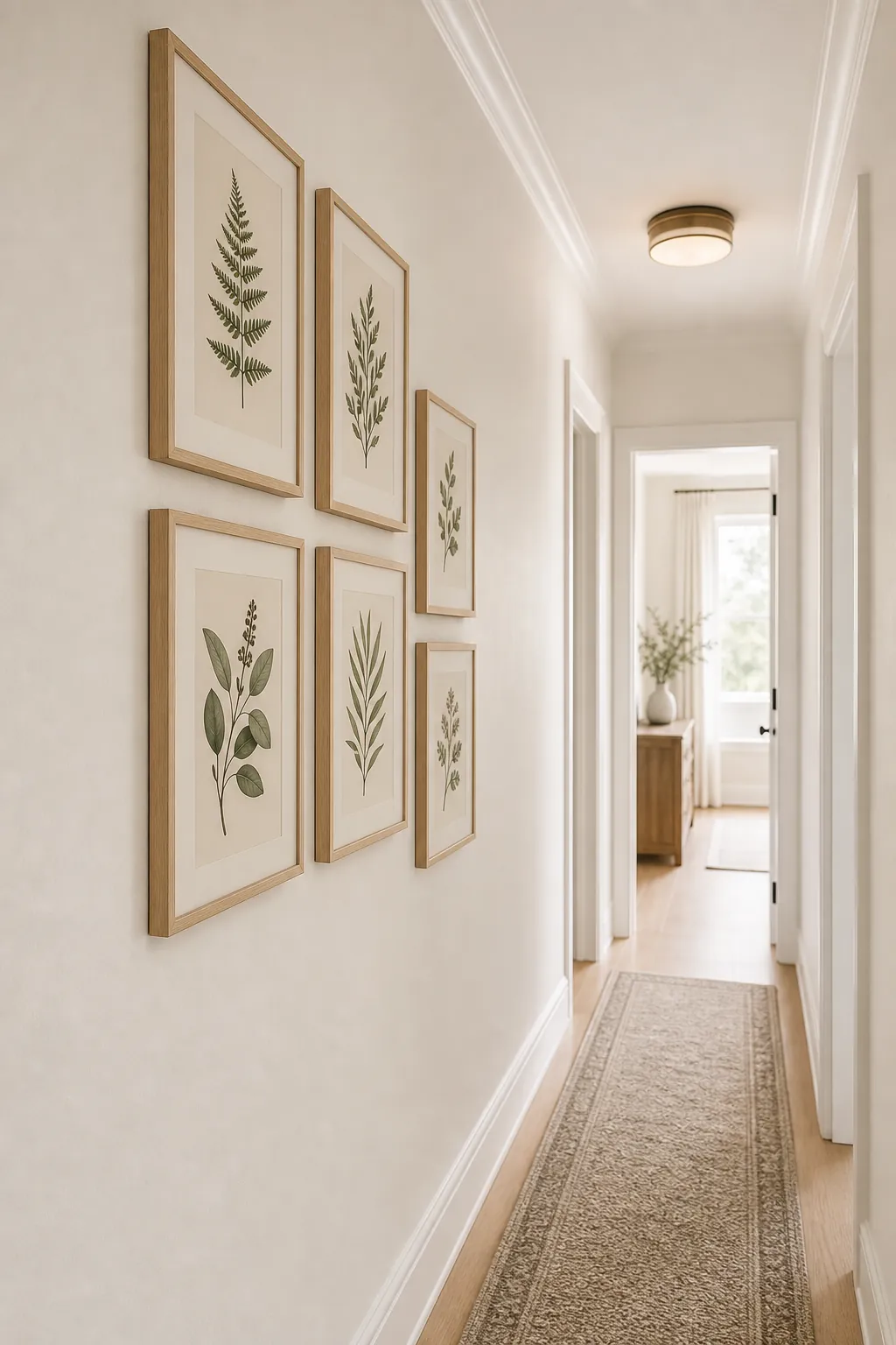 One-sided hallway gallery wall with botanical study prints and slim frames for a narrow hallway