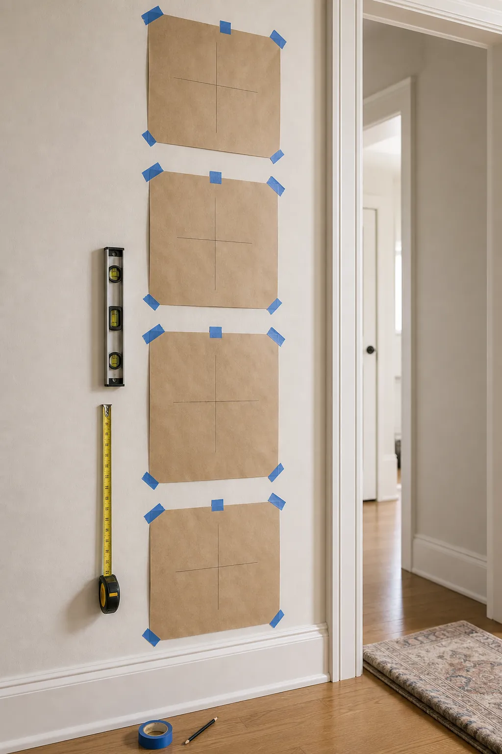 Paper templates taped to a narrow hallway wall to test a vertical gallery wall layout before hanging frames