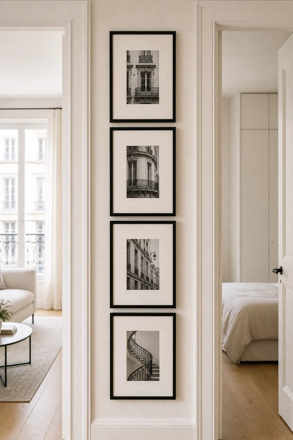 Single column vertical gallery wall between doorways with black and white architecture photos