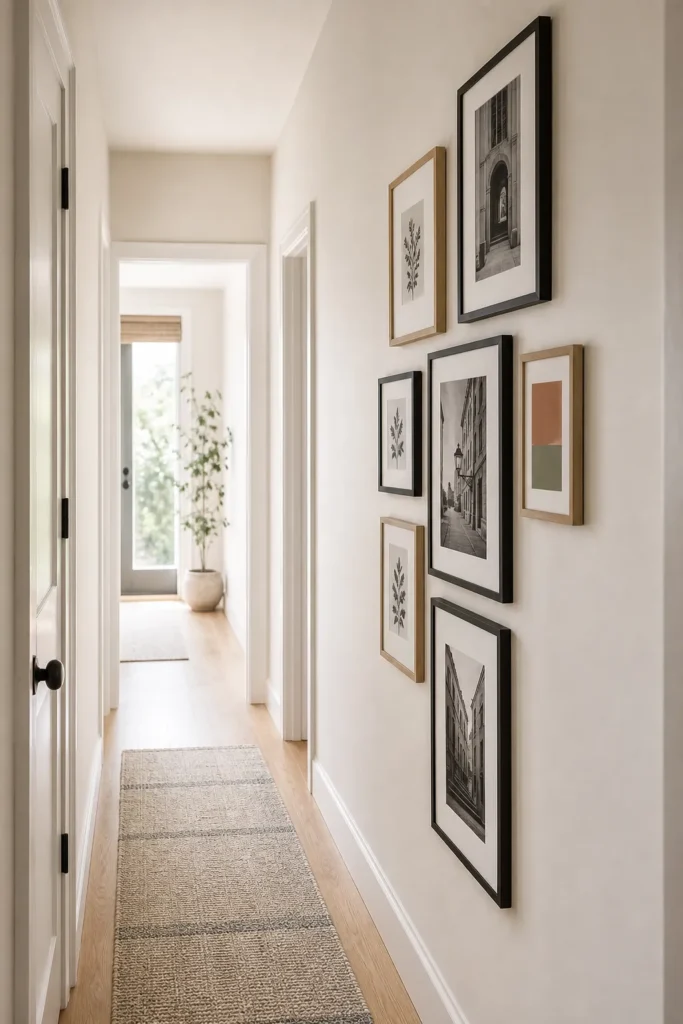 Narrow hallway with a vertical gallery wall of slim black frames, balanced spacing, and a calm runner rug