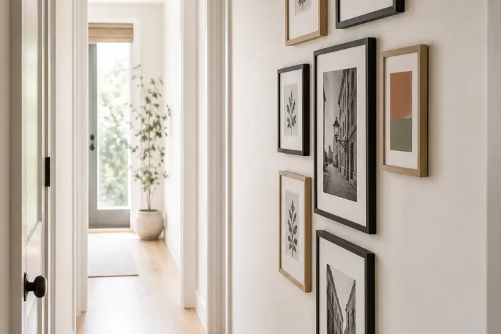 Narrow hallway with a vertical gallery wall of slim black frames, balanced spacing, and a calm runner rug