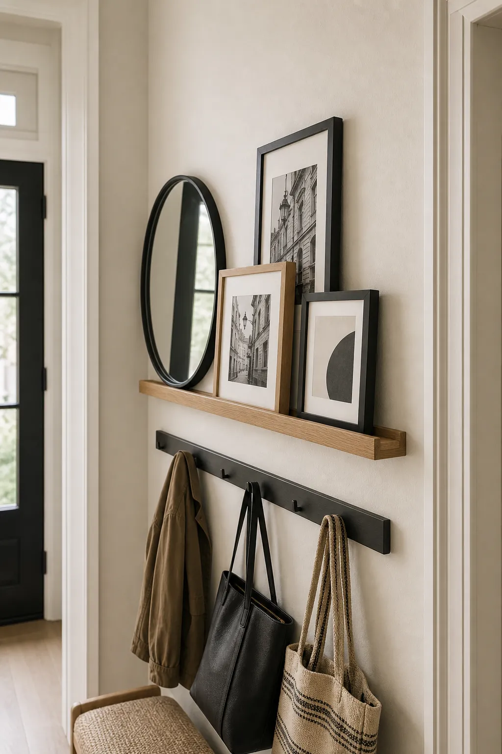 Slim picture ledge on a narrow entry wall with layered small frames and a round mirror