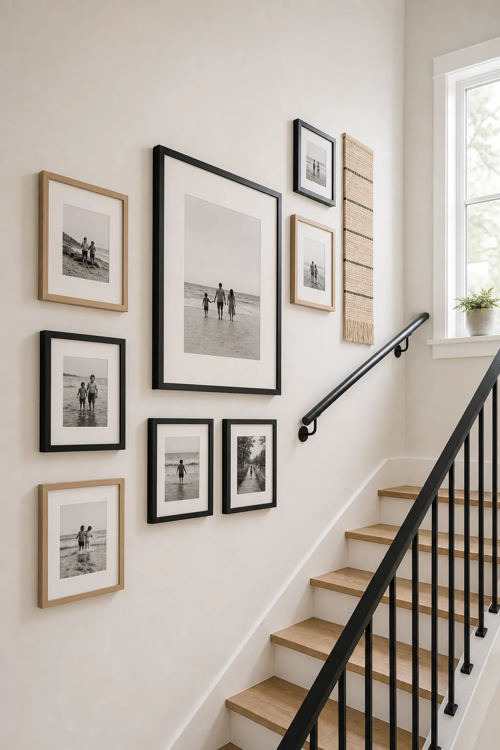 Stair landing photo wall with frames following the rise of the stairs and a larger anchor frame