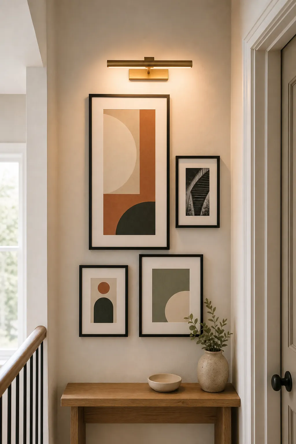 Tall narrow wall gallery with picture light, color block prints, and balanced spacing