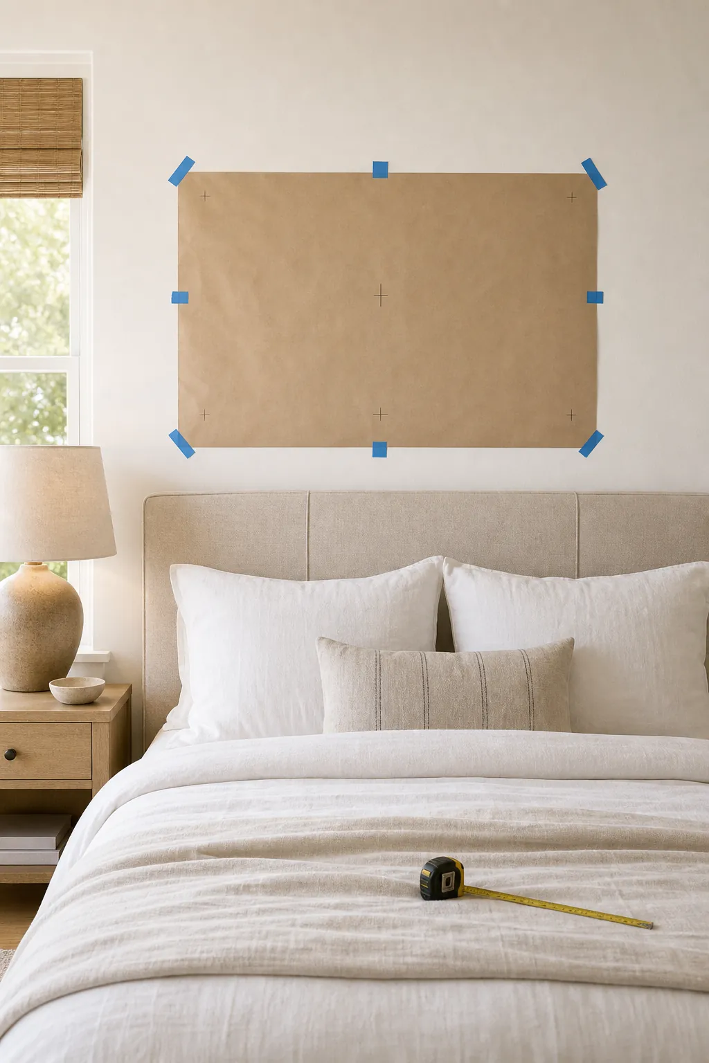 Paper template above a bed showing how to size calm wall decor before hanging art