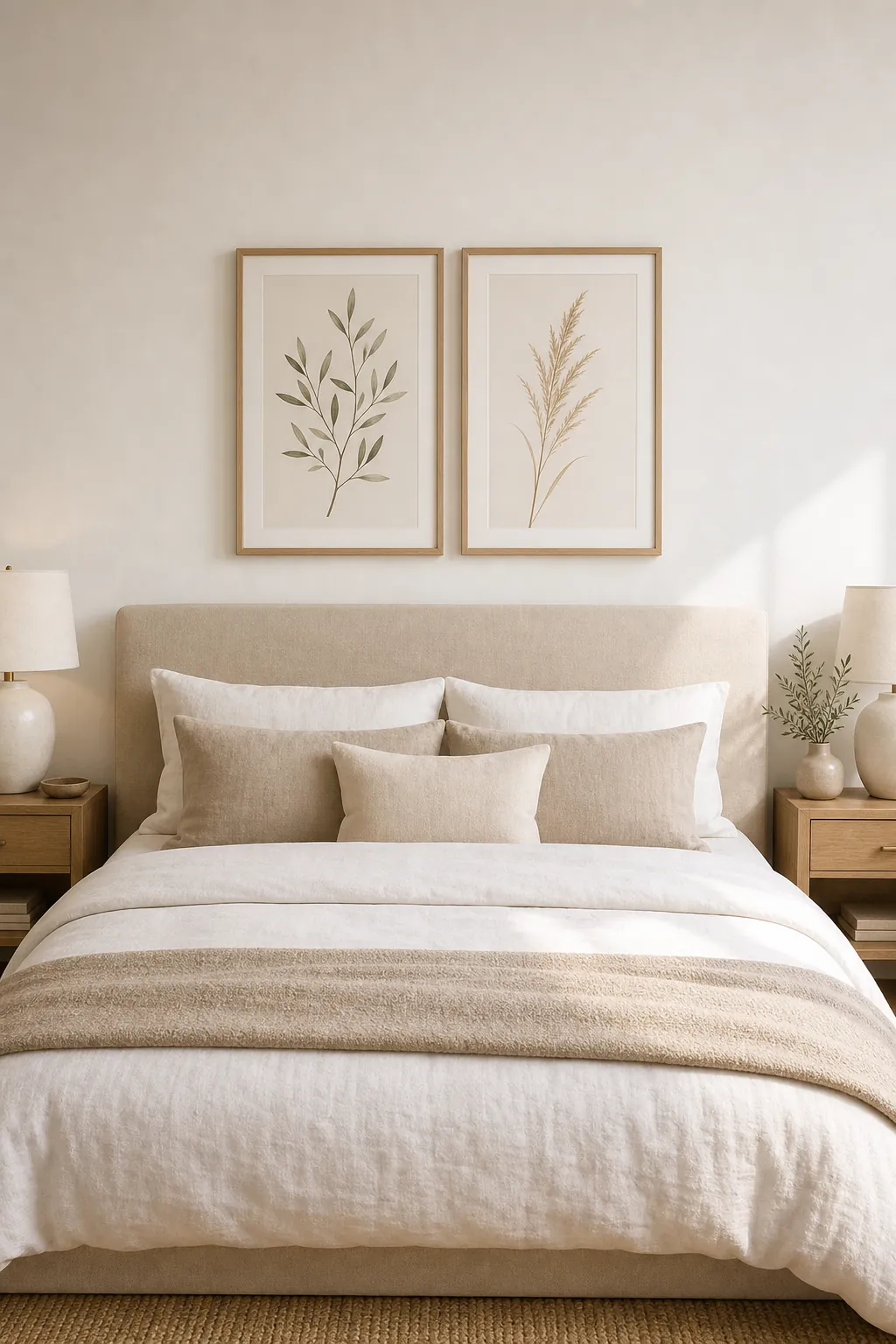 Pair of soft botanical study prints above a bed for minimal bedroom wall decor
