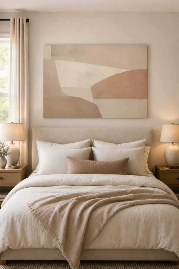 Calm bedroom with soft over the bed wall decor, linen bedding, and a large tonal abstract canvas above the headboard